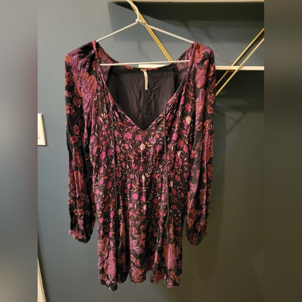 Free People Lucky Loosey Black Floral Tassel Tie Mini Tunic Dress Size XS